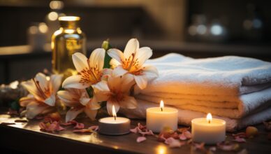 Spa setting with a lit candle, fluffy towels, and fragrant flowe