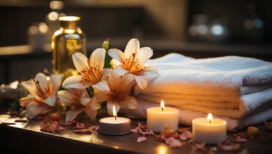 Spa setting with a lit candle, fluffy towels, and fragrant flowe