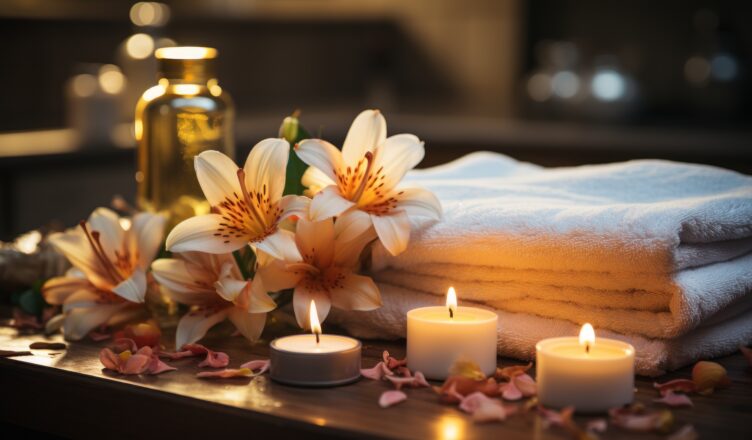 Spa setting with a lit candle, fluffy towels, and fragrant flowe